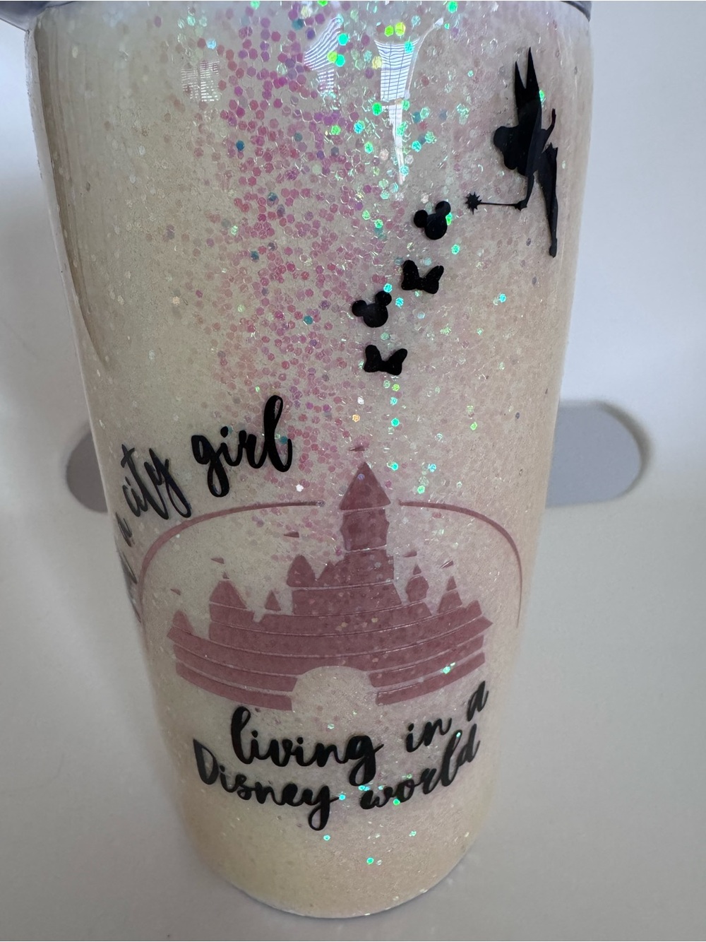 Disney Inspired Cream Glitter Tumbler 20 oz Pink Castle Tinkerbell Travel Cup - Picture 4 of 10